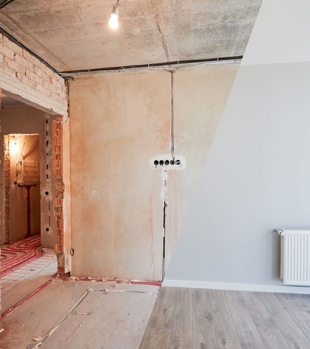 Photo collage of apartment room before and after restoration or refurbishment. Old room with doorway and new renovated living room with parquet floor and elegant interior design.